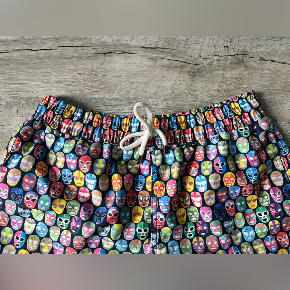 LUCHIANO VISCONTI Swim Trunks Sz Med Black with Multicolor Wrestler Masks - Picture 5 of 8